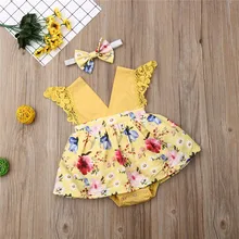 Одежда для новорожденных девочек повязка на голову с геометрическим рисунком, Кружевное боди без рукавов с v-образным вырезом и цветочным принтом, хлопковый комплект из 2 предметов