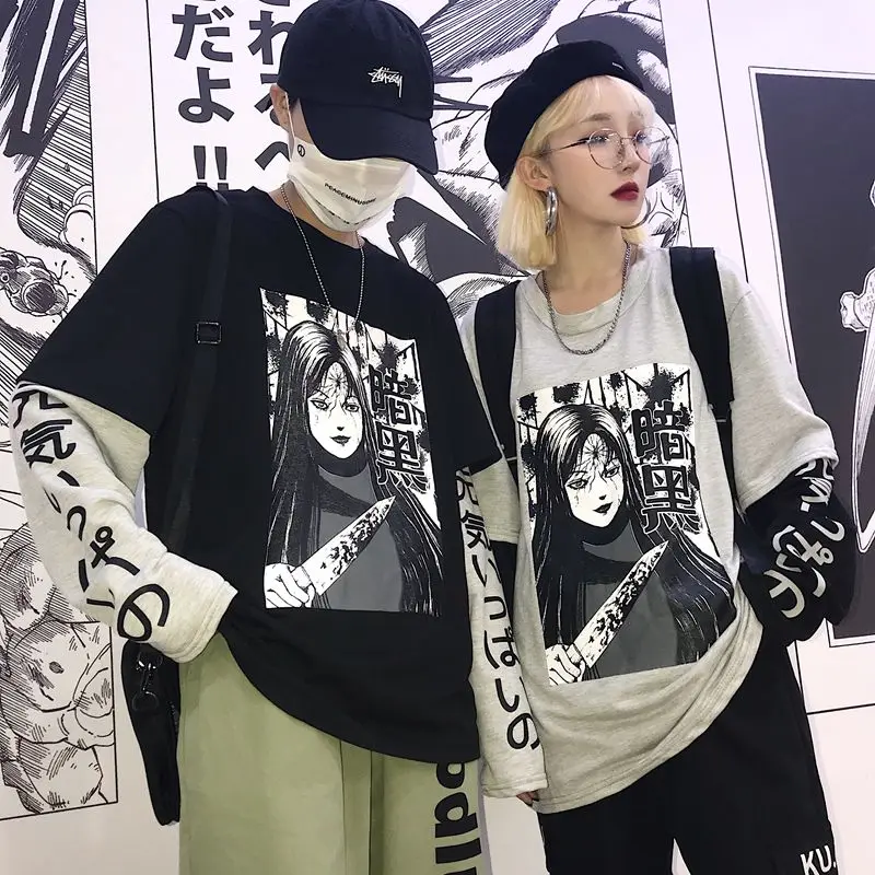 Harajuku японский женский свитер поддельные 2 шт o-образным вырезом с длинным рукавом аниме принт свободный женский свитер уличная одежда