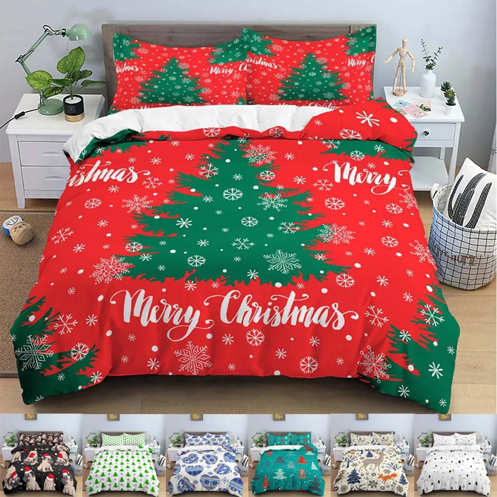 Christmas Tree Bedding Set Xmas Elk Duvet Cover Set & Pillowcase Quilt Cover EU Double King Size