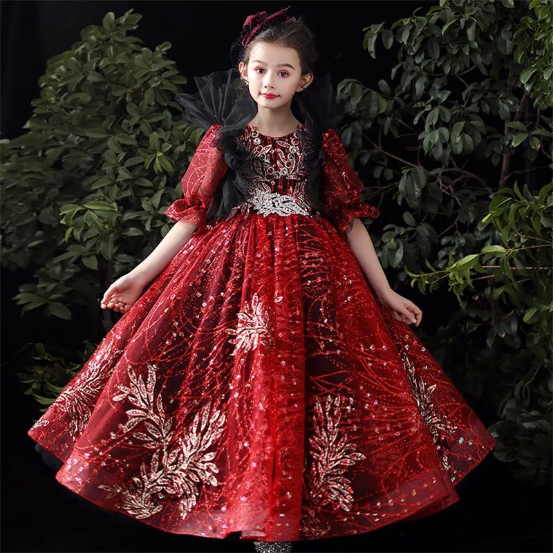 Детское высококачественное платье винно-красного цвета для девочек, расшитое блестками, для выступлений, выступлений, выступлений на фортепиано, одежда для дня рождения