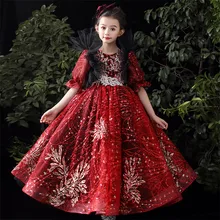 Детское высококачественное платье винно-красного цвета для девочек, расшитое блестками, для выступлений, выступлений, выступлений на фортепиано, одежда для дня рождения