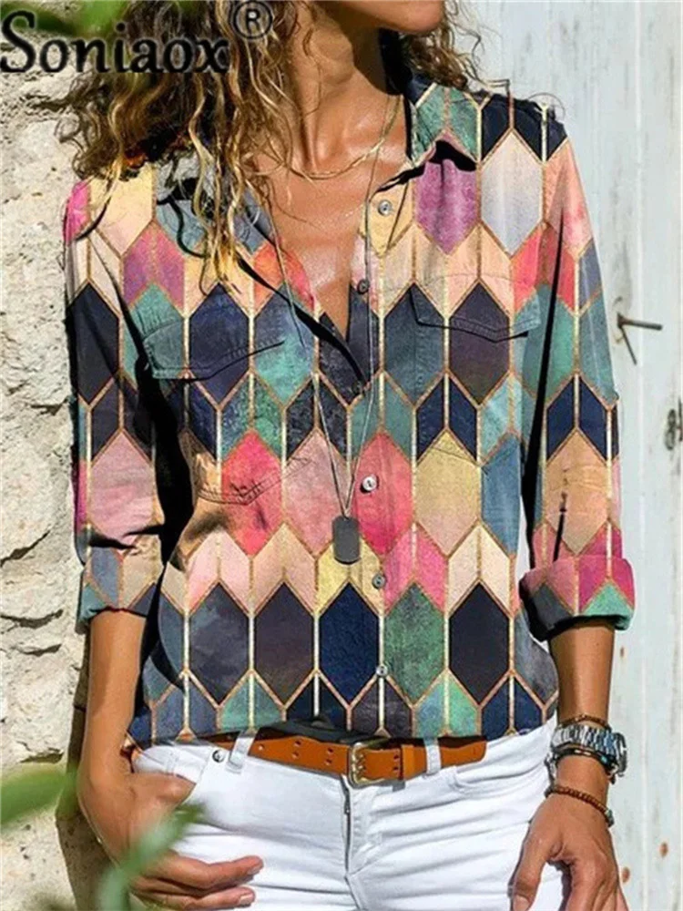 Autumn Fashion Women Blouses Spring Long-Sleeve Lapel Geometric Print Button Tops Women's Shirt Loose Plus Size Ladies Clothes