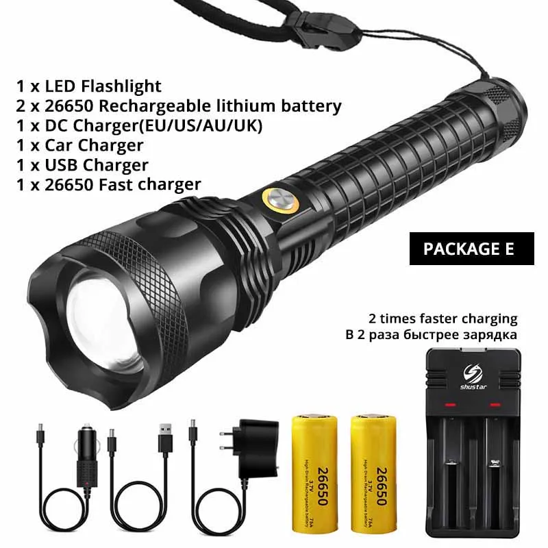 Package E S113 Powerful LED Flashlight With XHP70.2 Lamp beads Tactical waterproof LED Torch Telescopic zoom 3 lighting modes By 26650 - Испускаемый цвет: Package E