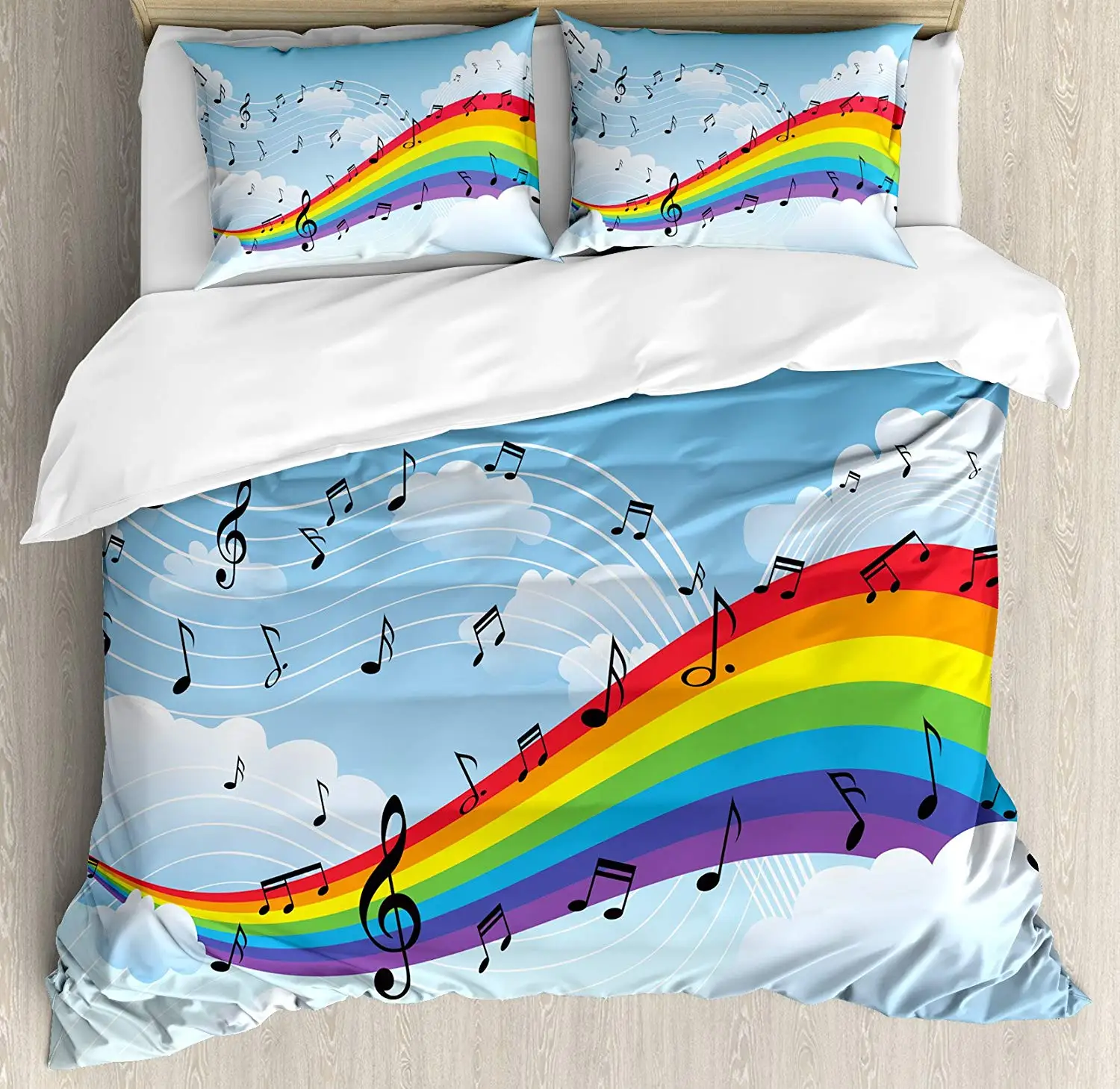 Music Duvet Cover Set Rainbow With Musical Notes Cloudscape In