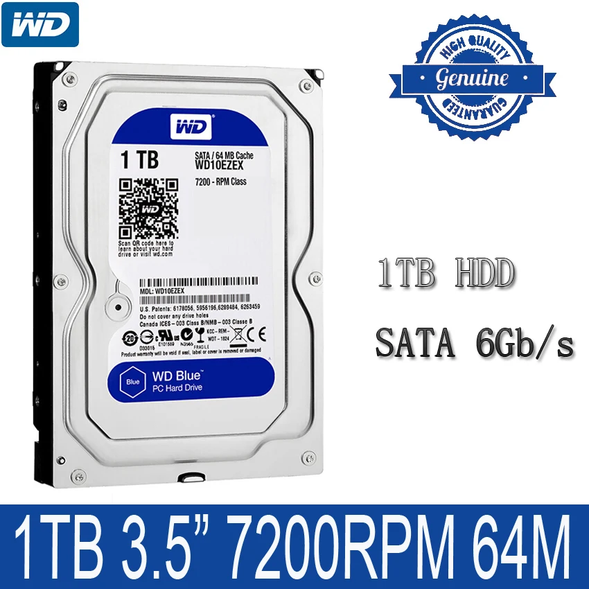 Internal Hard Drive WD 1TB Blue 3.5 SATA 6 GB/s 64M 7200PPM for PC