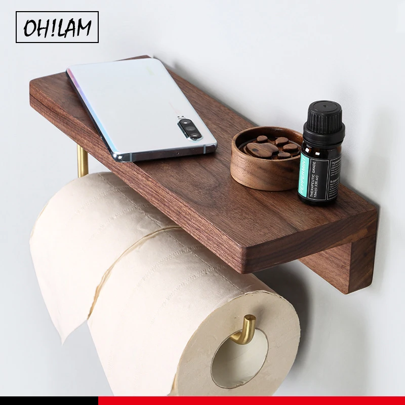 Brass Double Wooden Toilet Roll Holders Wall Mounted Toilet Paper Rack