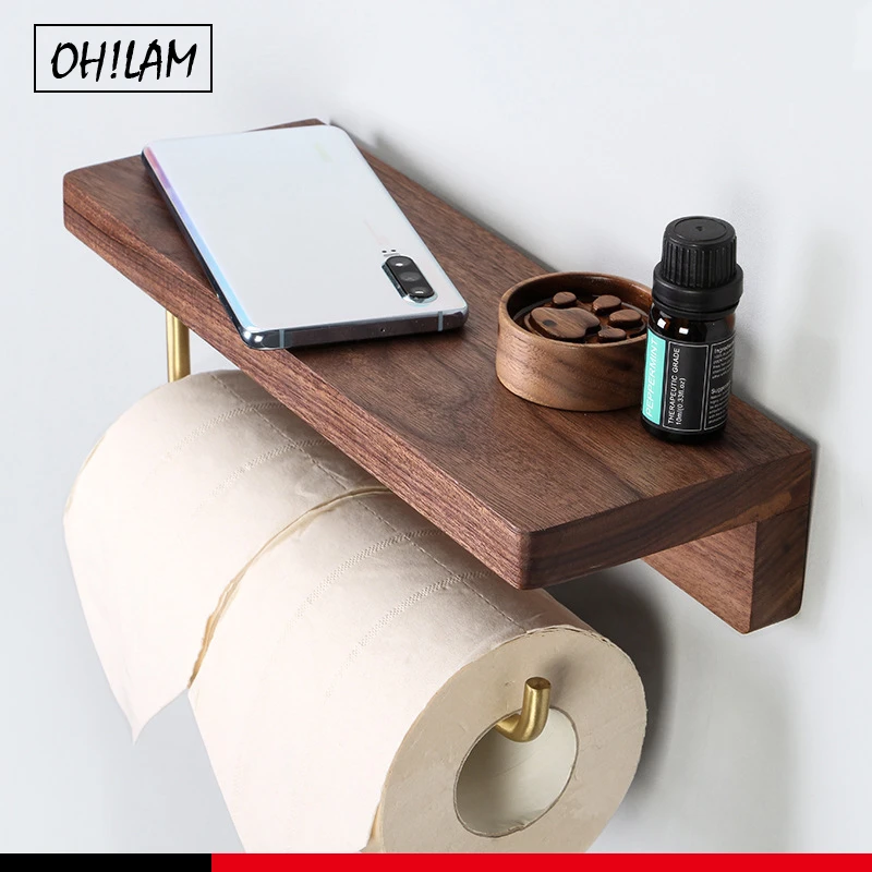 Brass Double Wooden Toilet Roll Holders Wall Mounted Toilet Paper Rack