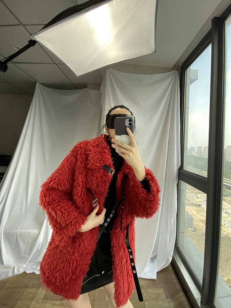 [EAM] Loose Fit Lambswool Split Big Size Thick Woolen Coat Parkas New Long Sleeve Women Fashion Tide Autumn Winter 1M420