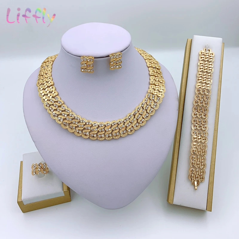 Fashion Women Necklace Earrings Jewelry Sets Crystal Gold Color Big Simulated BT 