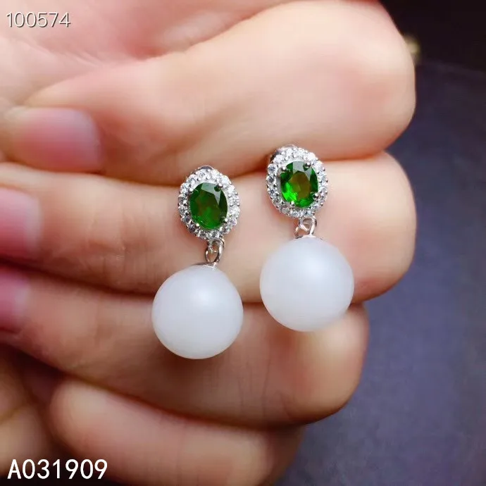 

KJJEAXCMY Boutique Jewelry 925 Sterling Silver Inlaid Natural White Jade Diopside Fine Women's Earrings Support Detection Gift