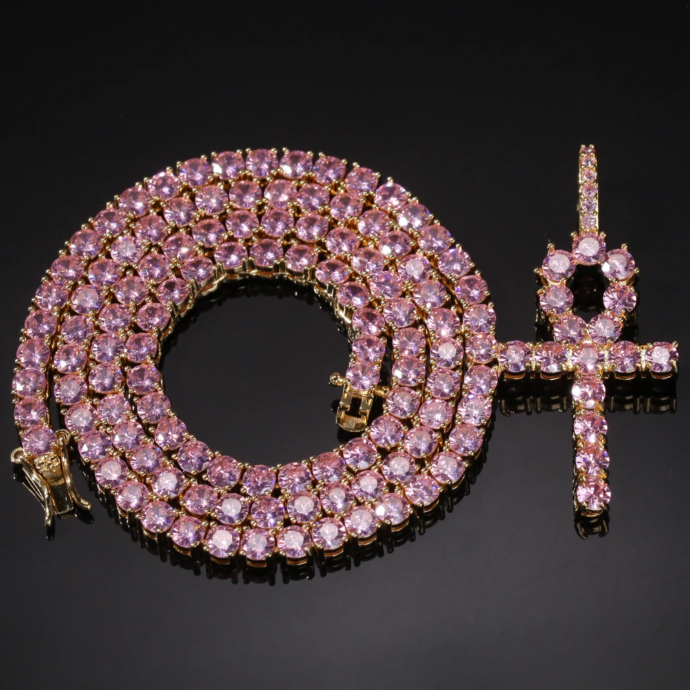 4mm Pink Iced Ankh Cross Pendant Cubic Zirconia Tennis Chains Gold Silver Color Choker Necklace Hiphop Women Men Jewelry