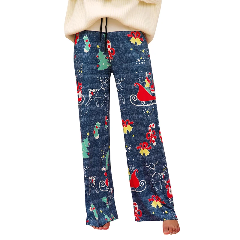 

Women Christmas Sleep Bottoms Pajamas Pants Printed Polyester Full Length High Waist Drawstring Stylish Pants