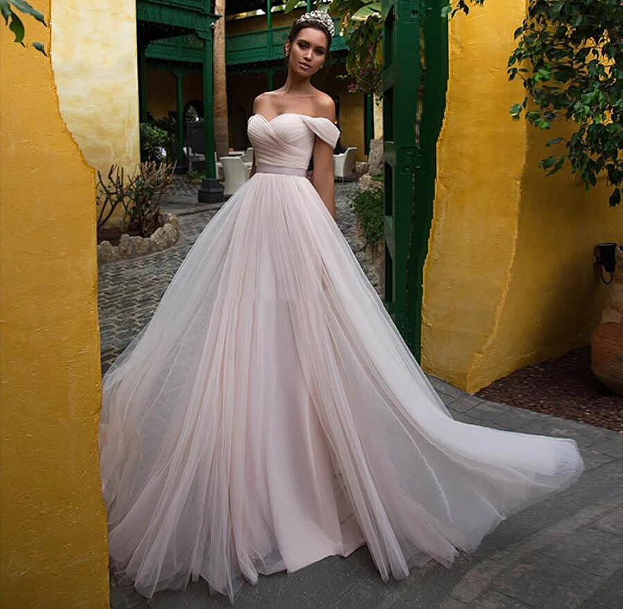 

Pink Tulle Wedding Dresses Off the Shoulder Sweetheart Sleeveless Lace Up Sweep Train Wedding Bridal Gowns Vestido de noiva