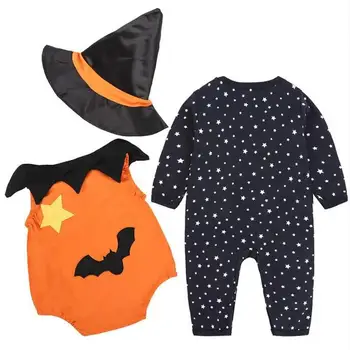 

Newborn Baby Girls Boys Long-Sleeves Rompers Sets Hat Infants First Halloween Pumpkin Jumpsuit Halloween Party Cosplay Wear Set