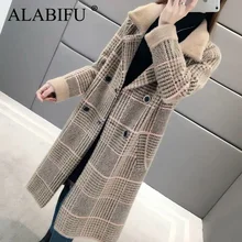 ALABIFU, осенне-зимнее женское пальто,, Корейская Повседневная Женская куртка, плюс размер, Кашемировое теплое толстое клетчатое пальто из искусственного меха норки, длинное пальто