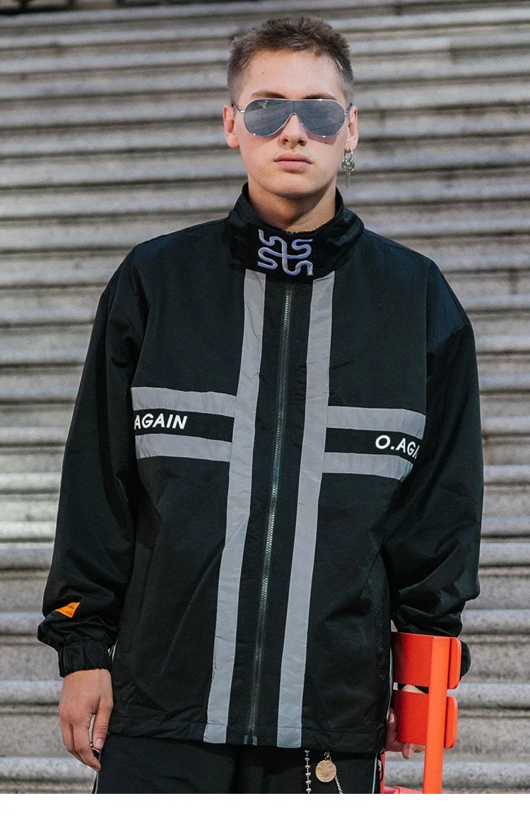 Men Hip Hop Jacket Windbreaker 3M Reflective Stripe Oversize Jacket Coat Embroidery Retro Jacket Streetwear Harajuku Autumn