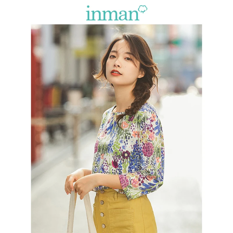 

INMAN 2020 Spring New Arrival Literary 100%Cotton O-neck Loose Basic Floral Half Sleeve Women T-shirt