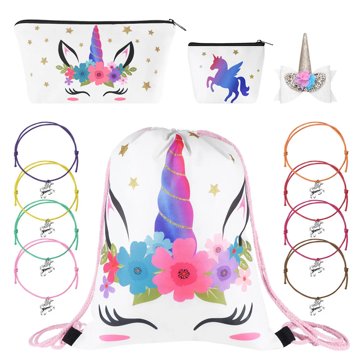 

OULII Unicorn Drawstring Backpack with Makeup Bag Coin Purse Hair Clip and 8PCS Bracelets Unicorn Set for Children Party (White)