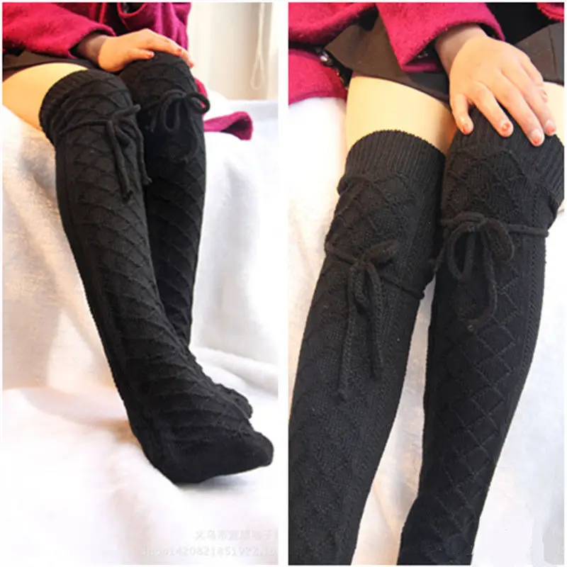 Meihuida женские зимние мягкие вязаные эластичные шерстяные теплые вязаные чулки выше колена - Цвет: Черный