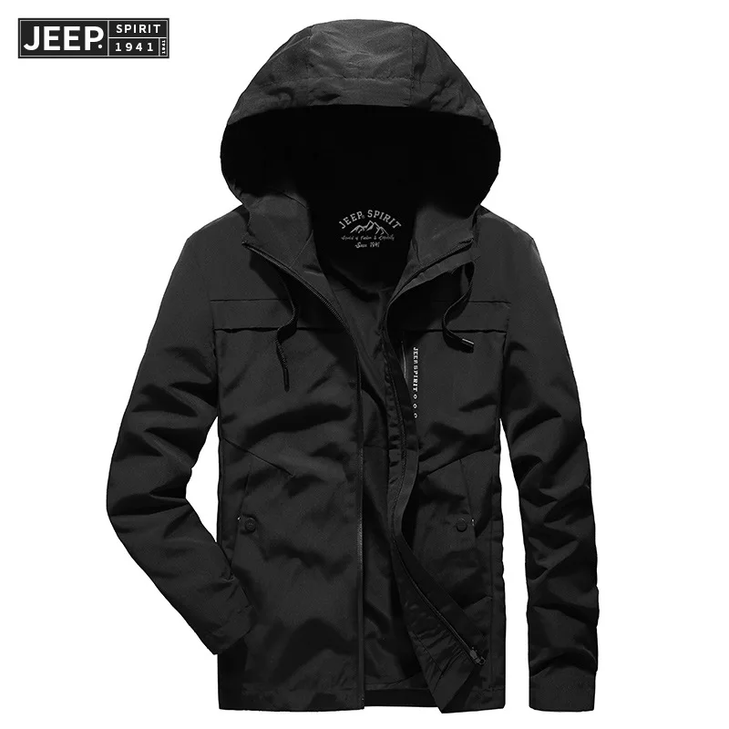 Бренд JEEP SPIRIT, осенняя мужская куртка, модная, с капюшоном, воротник, ветровка, одноцветная, осеннее пальто, для мужчин, быстро сохнет, мужские куртки, S-4XL - Цвет: Черный