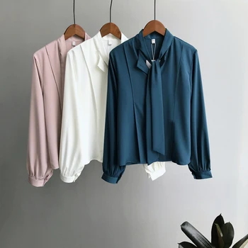 

2020 Women Spring Autumn Long Sleeve Bow Knot Solid Button Down Blouse Shirt Office Lady Top