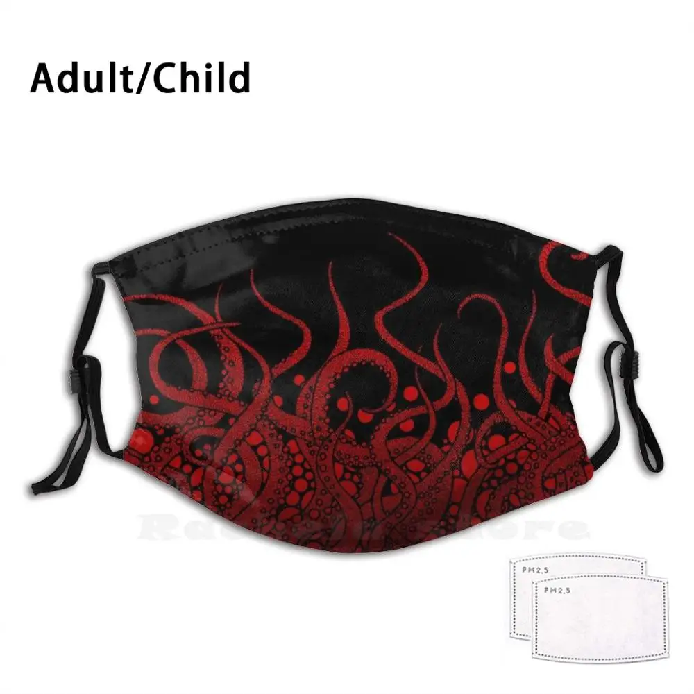 

Red Tentacles On Black Print Washable Filter Anti Dust Mouth Mask Tentacles Octopus Squid Cephalopod Cthulhu Sea Deep Sea Ocean