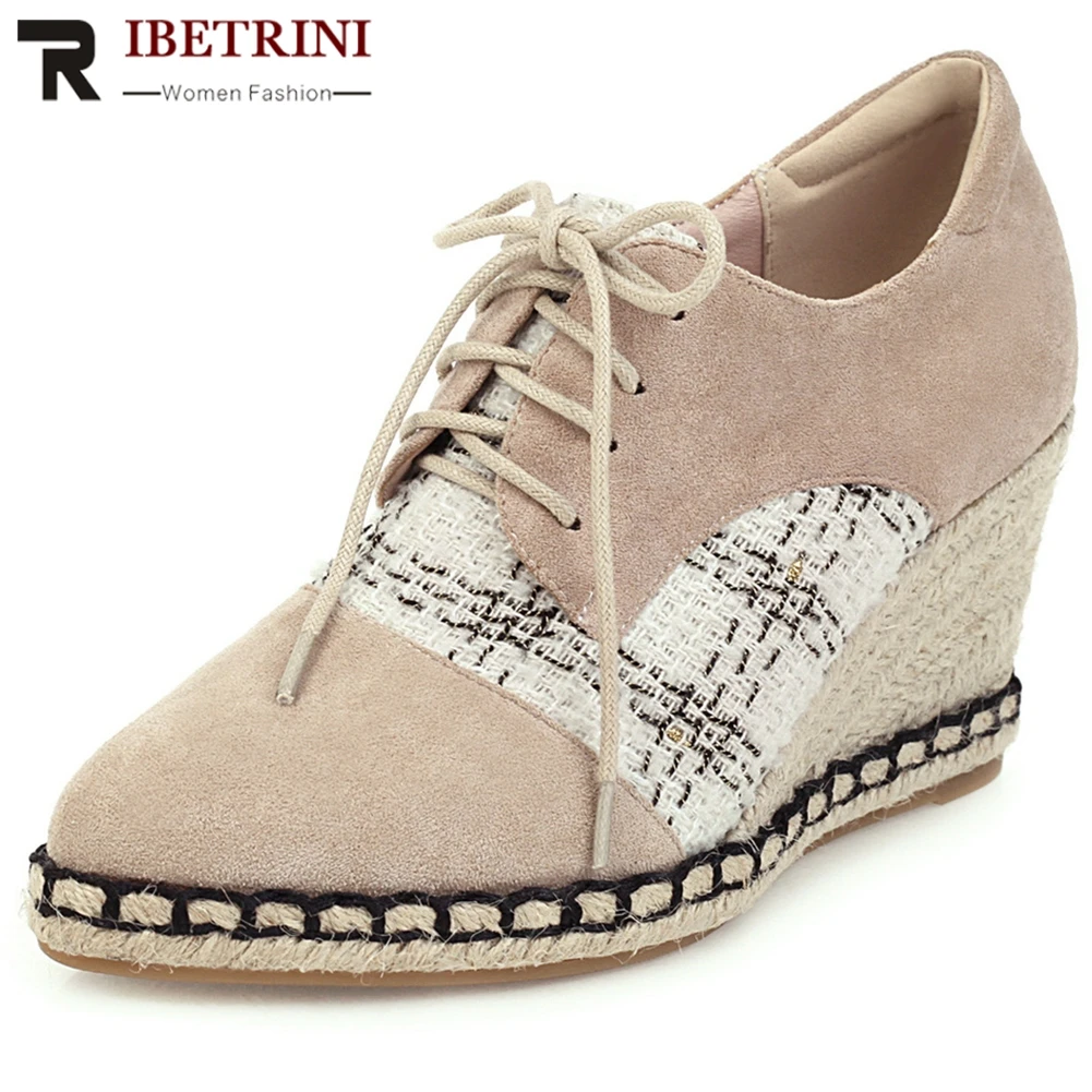 

RIBETRINI 2020 New Female Brand Design Spring Patchwork Shoes Woman Lace Up Fashion Straw Sole Pumps Women Ol Wedges Pumps