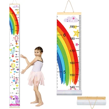 

Kids Rainbow Growth Chart Baby Roll-up Wood Frame Canvas Fabric Removable Height Growth Chart Wall Art Hanging Ruler 79*7.9''