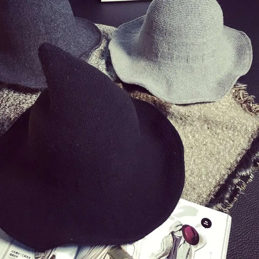 Персональная шляпа ведьмы на Хэллоуин, шапка из овечьей шерсти, вязаная шапка для рыбалки, модная женская остроконечная шляпа ведьмы