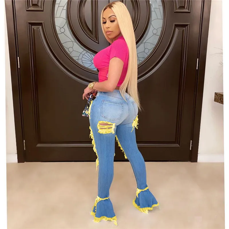 2020 Sexy Women Korean Slim Fit Jeans Color Contrast Patchwork Tassels Ripped High-waist Ruffles Denim Jeans Holes Flare Pants