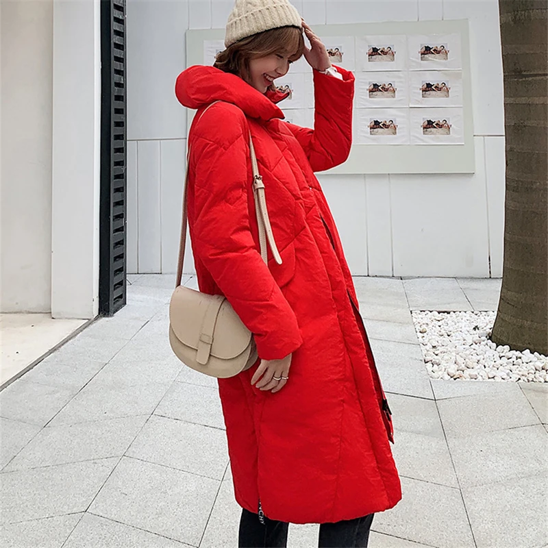 New Korean Winter Down jacket Thick Slim white duck down Coat Long-sleeved stand collar Long Loose Women Outerwear P064