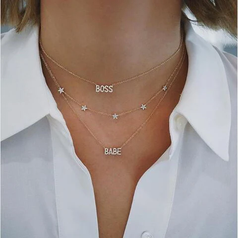 100% 925 sterling silver customized letter necklace BABY BOSS cz paved Alphabet minimal delicate necklaces for women