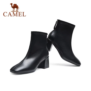 

CAMEL 2020 Autumn New Elegant Fashionable Women Ankle Boots Square Toe Thick Heel Zipper Decorative High Heel Short Boots Black