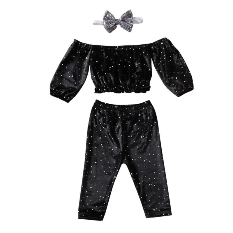 Одежда с блестками для маленьких девочек 1-4 лет, топы с открытыми плечами, длинные штаны, комплект одежды