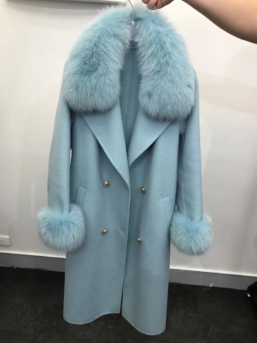 OFTBUY пальто с натуральным мехом, зимняя женская куртка, воротник из натурального Лисьего меха, кашемировая шерсть, длинная верхняя одежда, женская уличная одежда - Цвет: Небесно-голубой