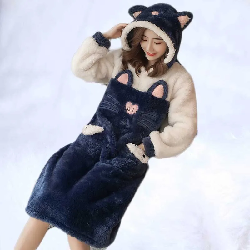Cartoon girl Korean version hooded plush warm sleeper gown winter women coral velvet thickening winter