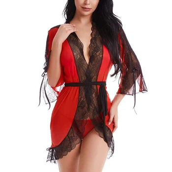

2Pcs Sexy Women Lingerie Robe Pajamas Lace-up Short Sleeve Nightdress+Solid Thong Porno Sleepwear Satin Lace Female Underwear