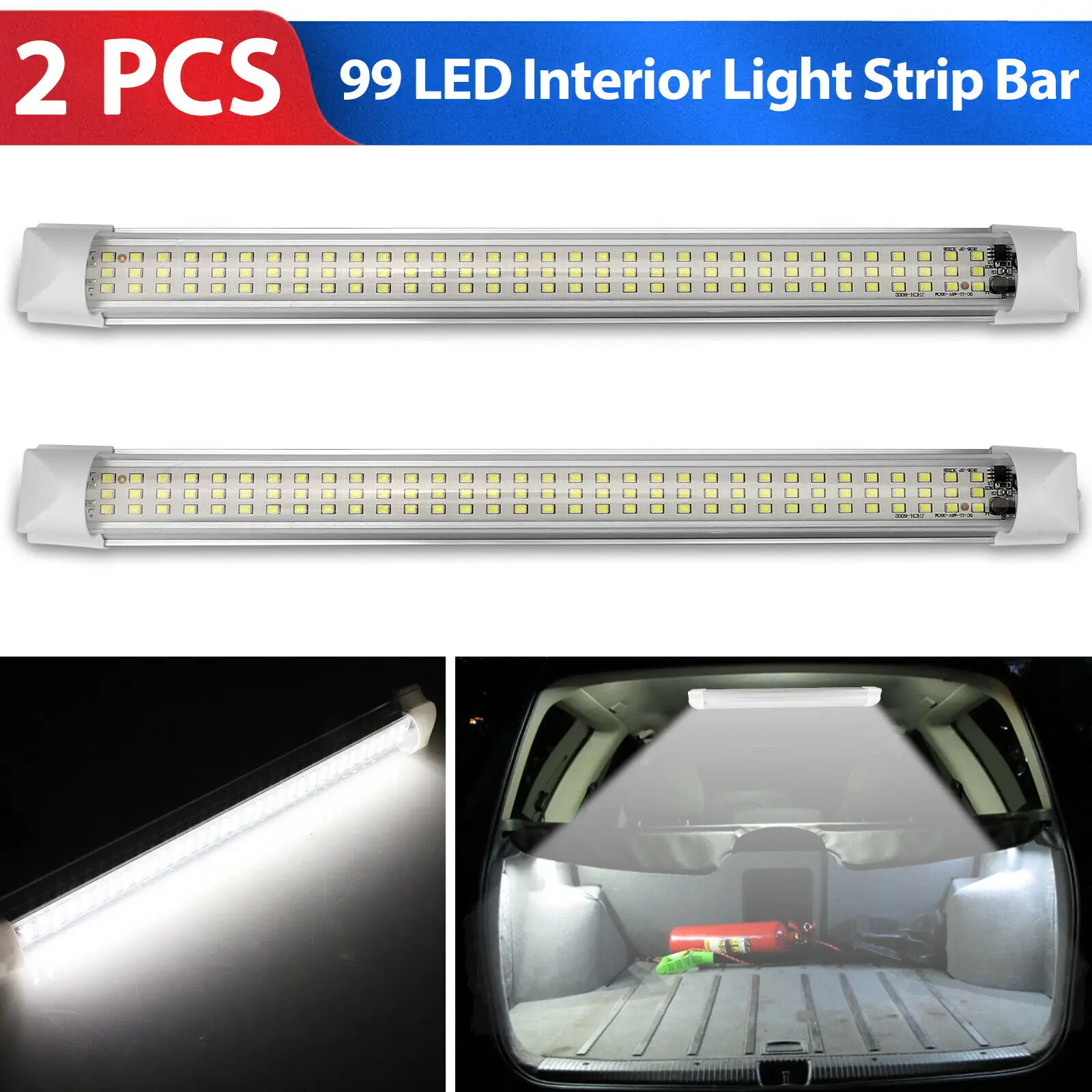 2Pcs 99 Led Luce Interna Strip Bar Car Van Bus Caravan On/Off Switch 12V Lampada Per Barche