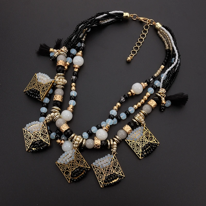 Statement Women Bohemin Trendy Ethnic Crystal Tassel Pendant Layered Collar Choker Necklace Fashion Jewelry