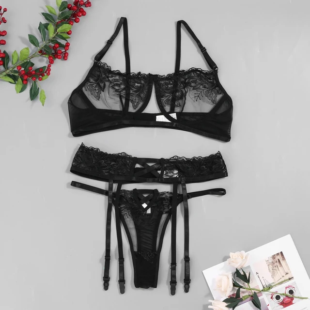  New Years Eve Lingerie for Women Set with Garter Lingerie  V-Neck Bra Thong Lace Women Suit Pajamas Underwear Black: Clothing, Shoes &  Jewelry