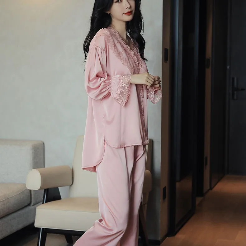 Lace Pj's 2PCS Sleepwear Women Satin Pajamas Suit Summer Pyjamas Casual Intimate Lingerie Long Sleeve Shirt&Pants Lounge Wear