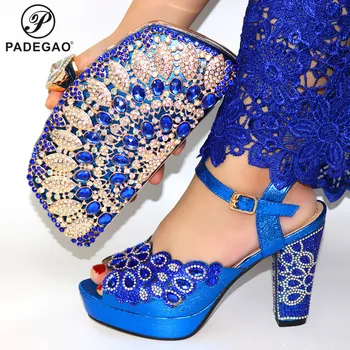 

Blue High Quality African Woman Sandals Shoes With Purse Set Nigerian Retro High Heels Shoes And Bag Set For Wedding Party