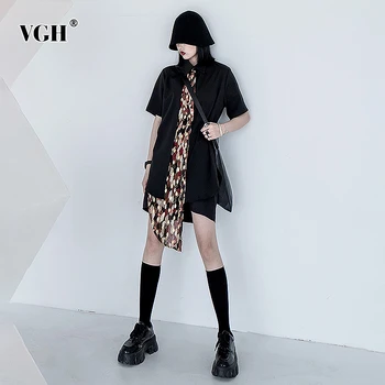 

VGH Casual Irregular Patchwork Print Women Shirts Lapel Collar Short Sleeve Loose Hit Color Asymmetrical Blouses Female Fashion