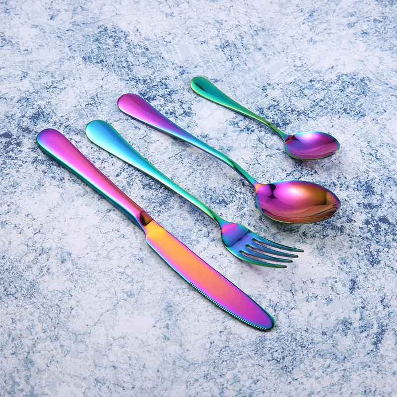 16 Pcs Set Dinner Set Rainbow Stainless Steel Tableware Set Knife Fork Scoops Silverware Set Cutlery Set with Gift Box