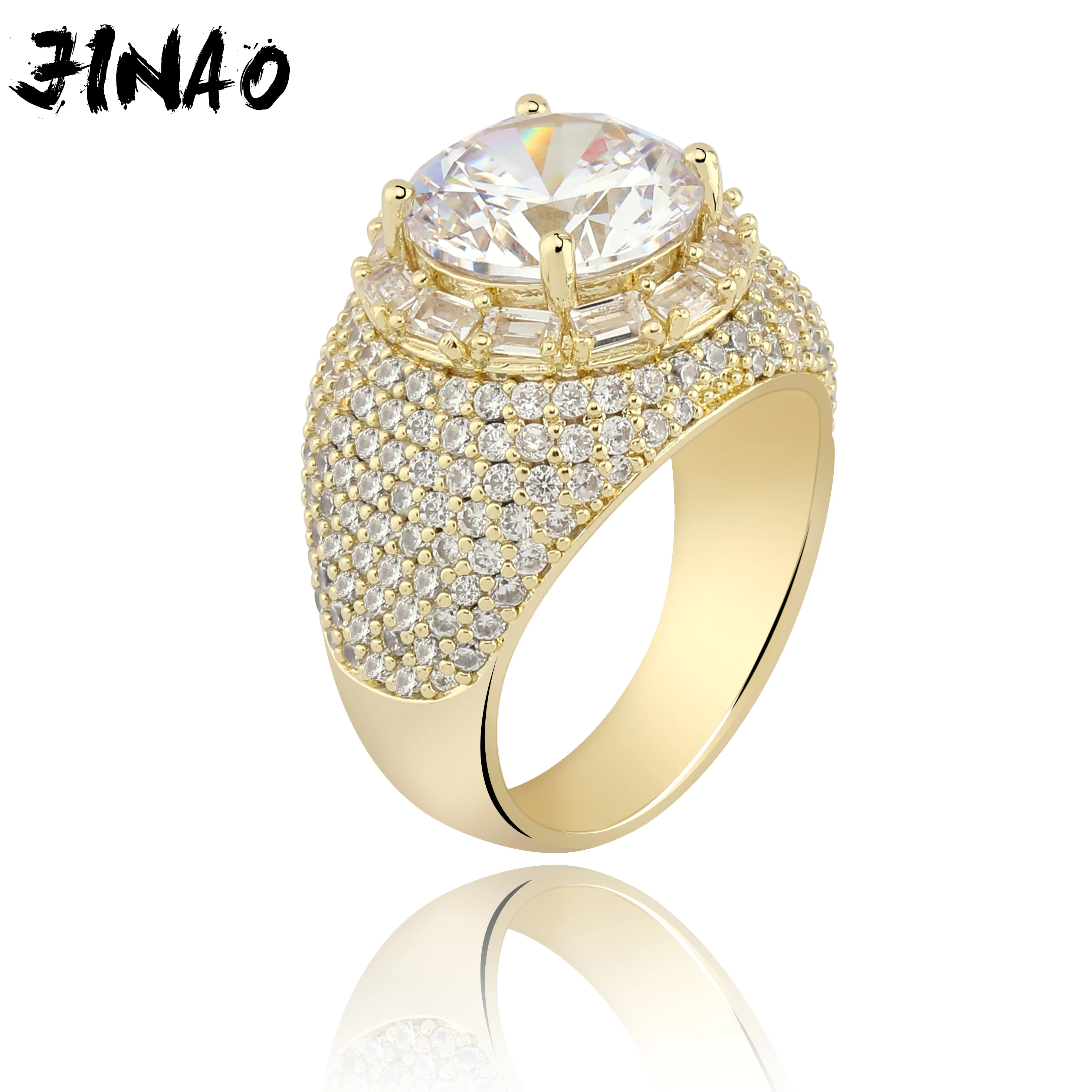 Большое Круглое циркониевое кольцо JINAO в стиле хип хоп с микрозакрепкой золотого