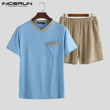 

INCERUN Cotton Men Pajamas Sets Loose V Neck Short Sleeve Sleepwear Shorts Sets Leisure Soft Summer Mens Nightwear Suit Homewear