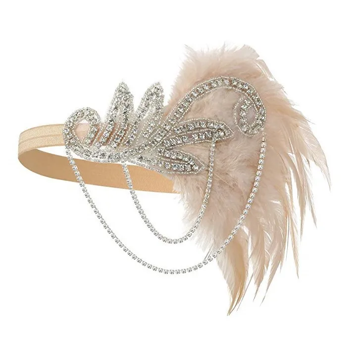 1920s Headband Costume Props Charleston costume accessories Nude Flapper Headpiece Great Gatsby feather beaded headband Chain plus size halloween costumes Cosplay Costumes