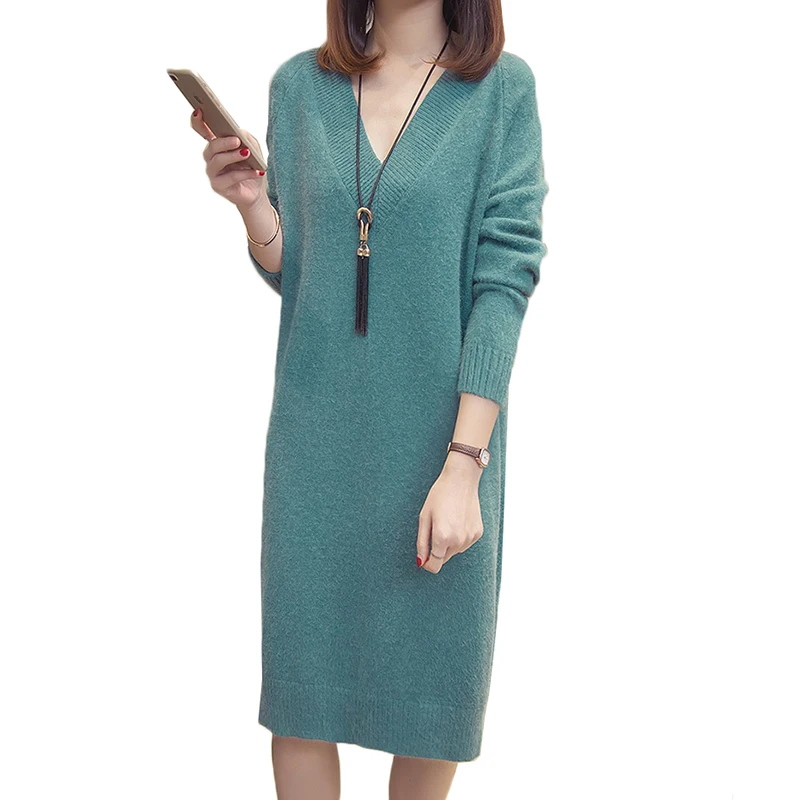 

New Autumn Winter Women Dress Solid V-neck Knit Sweater Dress Loose Long-sleeved Large size Mid-Long Dress Bottoming Shirt K1040