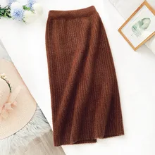 Женская Толстая трикотажная юбка с разрезом, зимняя прямая юбка, имитация вельвета, облегающая бедра юбка, эластичная юбка с высокой талией, юбки Falda ML353