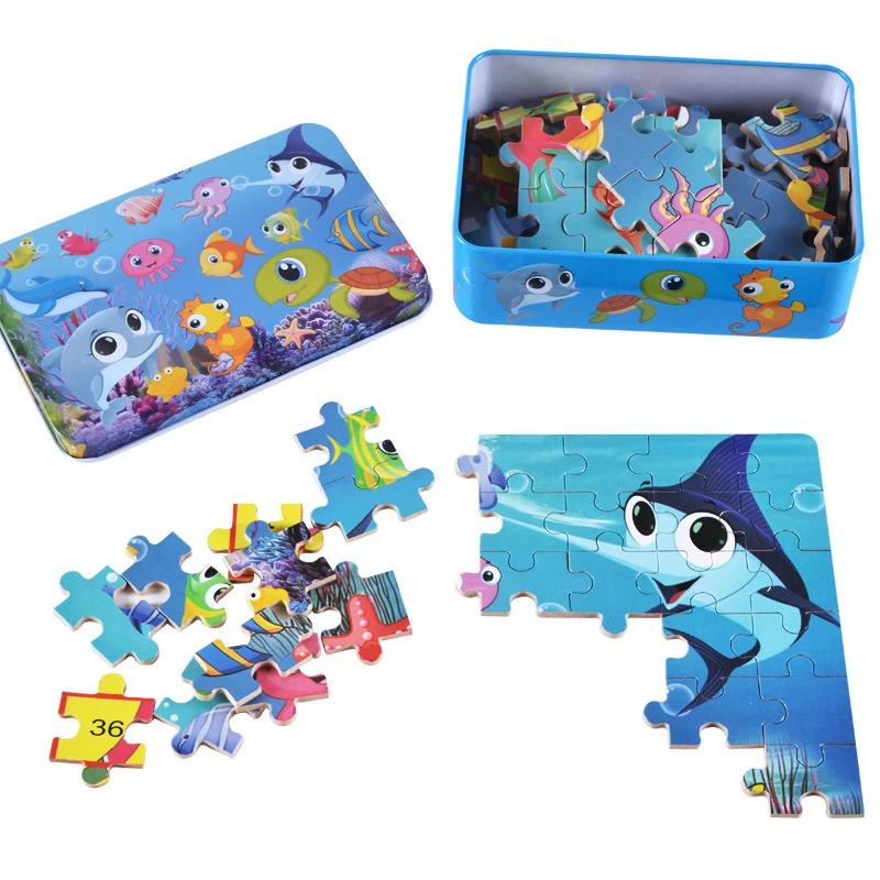 Non-toxic 100pcs/set Wood Jigsaw Puzzle Toy For Children Kids Early Educational Cartoon Puzzle Toy (with Iron Box) Boy Girl Gift